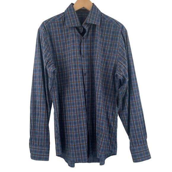 BUGATCHI Button Down Dress Shirt Mens Size Large Blue Brown Tartan Plaid Office - Picture 1 of 15
